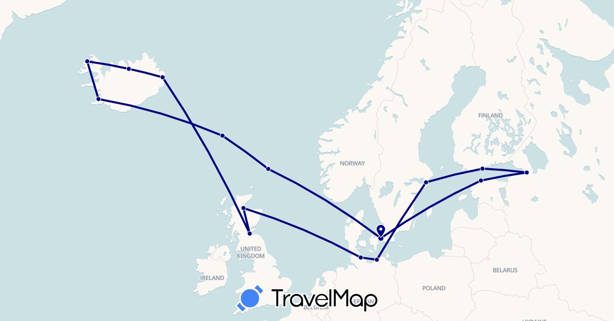 TravelMap itinerary: driving in Germany, Denmark, Estonia, Finland, Faroe Islands, United Kingdom, Iceland, Russia, Sweden (Europe)