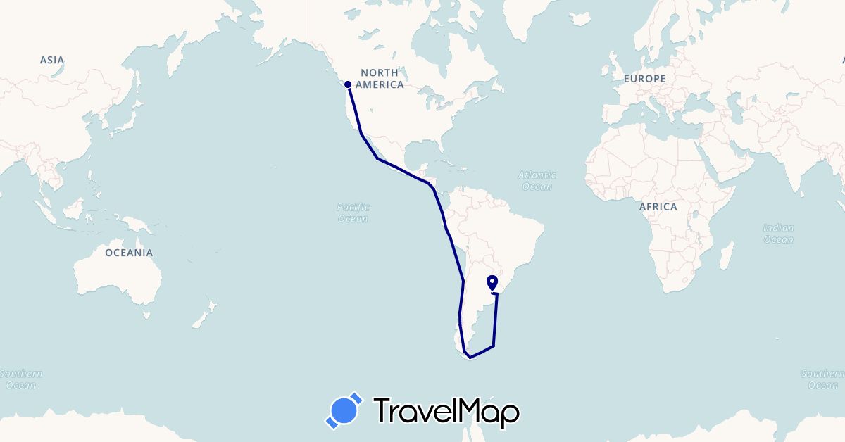 TravelMap itinerary: driving in Argentina, Canada, Chile, Costa Rica, Ecuador, Falkland Islands, Mexico, Nicaragua, Peru, United States, Uruguay (North America, South America)
