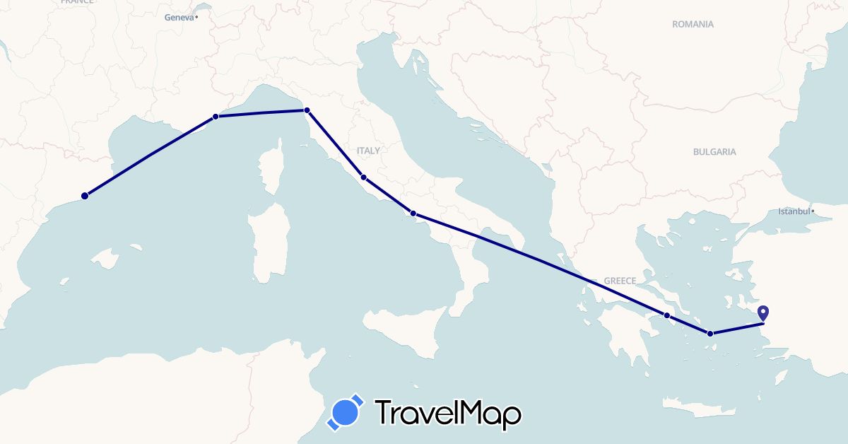TravelMap itinerary: driving in Spain, France, Greece, Italy, Turkey (Asia, Europe)